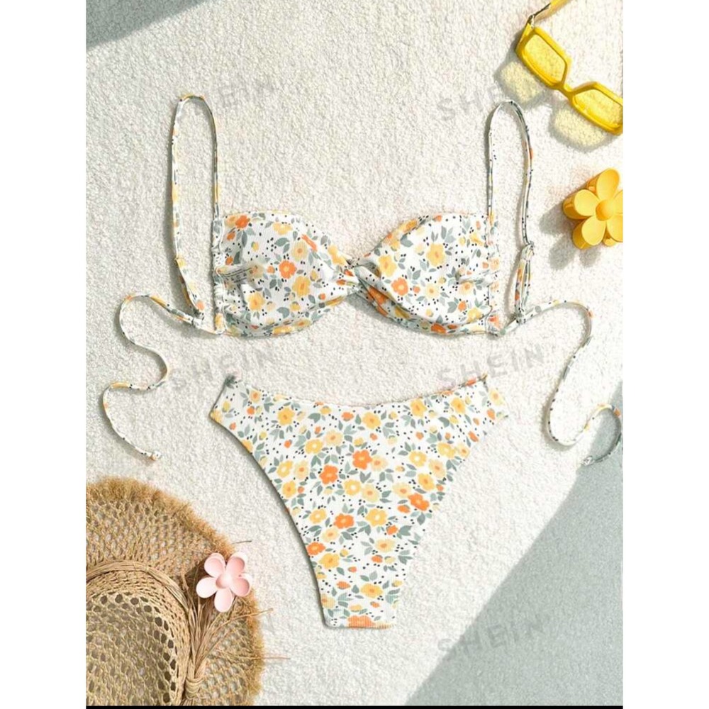 Shein Floral Ribbed Twisted Front Bikini Set Yellow Orange White Size XS